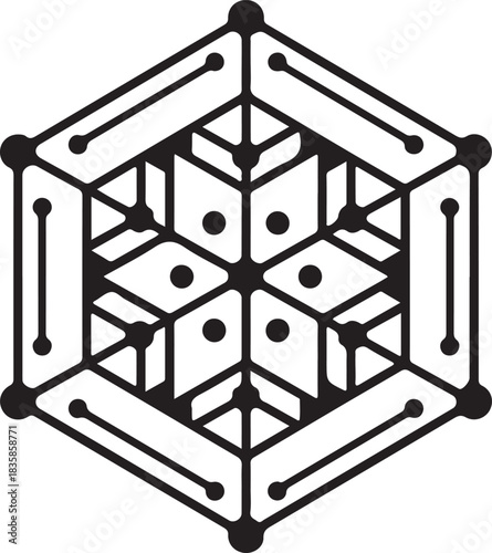 Intricate geometric design featuring a complex black and white hexagonal pattern