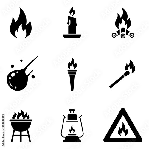 Various fire icons, representing different sources of flame, from a bonfire to a match