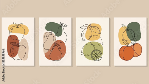 Minimalist Abstract Fruit Art Prints Set - Modern Neutral Kitchen Wall Decor