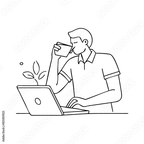 Continuous line drawing of a man working on a laptop while drinking water, showcasing a modern and minimalist design the artwork captures the essence of productivity continuous one line art of vector 