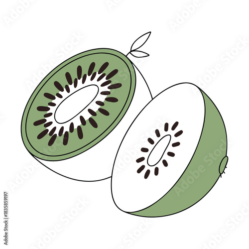 Minimalist line art illustration of a fresh kiwi fruit cut in half showing the green flesh and black seeds, isolated on