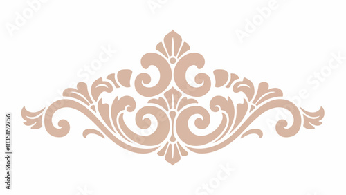 A beige-colored ornamental design with intricate floral patterns and swirls on a white background, created with graphic techniques.