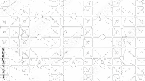 Close-up view of a complex network diagram with intersecting lines and geometric shapes on a white background.