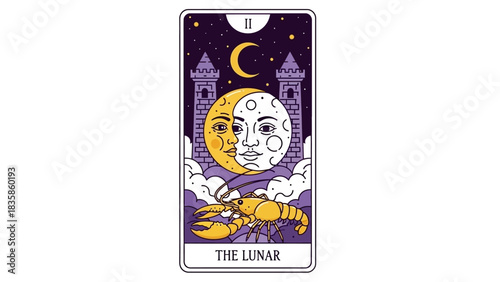 Lunar Tarot Card Illustration Moon, Towers, and Lobster in Purple and Gold
