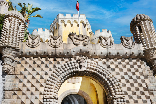 Facade of the Pena National Palace, or Pena Palace or Pena Castle, it is one of the world's finest examples of 19th-century Romantic architecture. Sintra, Lisbon Portugal.