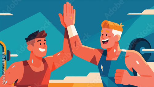Illustration Of Two Friends Giving A Powerful High-Five After A Tough Workout Vector Design Template