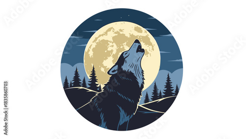 Majestic wolf howling under a luminous full moon amidst a tranquil forest at night, a captivating illustration of wilderness and primal instinct