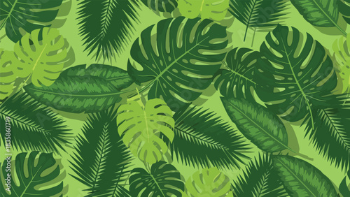 Vibrant green tropical leaf pattern with various palm and monstera leaves on a light green background with a white border at the bottom.