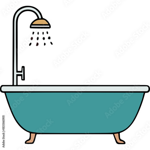 Teal Bathtub with Shower Head and Water Droplets on a White Background Minimalist Design Clean Modern Bathroom Fixture