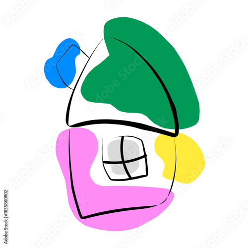 cartoon illustration of a car, An abstract depiction of a house, executed in a modern style with a thick outline and bright color splashes (pink, green, blue, yellow).