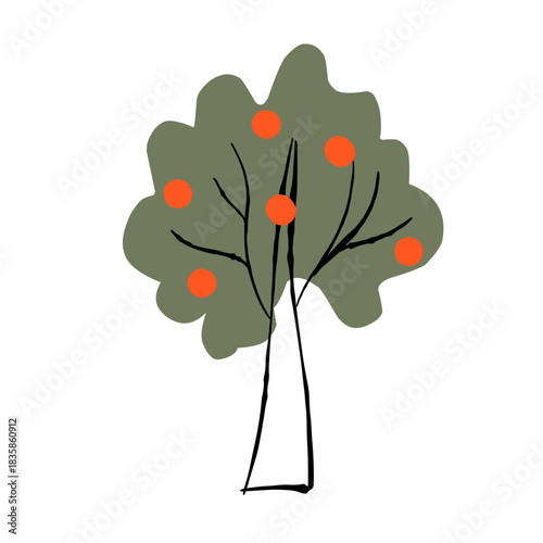tree with flowers,A stylized, minimalist depiction of a tree with a rounded olive-green crown and orange fruits, rendered in a modern, simple style.