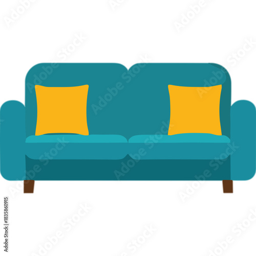 Teal Blue Modern Sofa With Two Bright Orange Cushions and Dark Brown Wooden Legs Isolated on Black Background