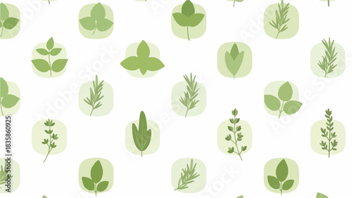 A flat lay of various green leaves and herbs in circular icons on a white background with a natural and earthy mood.