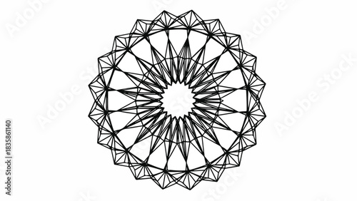 Black and white geometric mandala design on a plain white background with intricate patterns and lines.