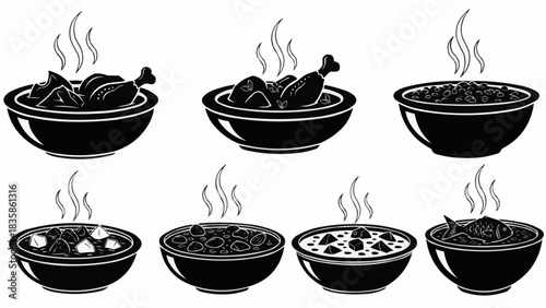 Variety of hot and delicious food bowls with steam rising up.