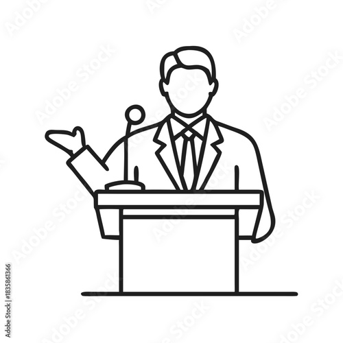 Continuous line drawing of a speaker in a suit giving a public address at a podium with a microphone, making an impactful point, presentation Vector
