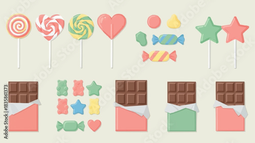 Colorful collection of various sweets and chocolate bars illustration.