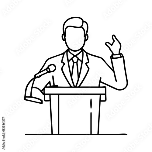 Continuous line drawing of a speaker in a suit giving a public address at a podium with a microphone, making an impactful point, presentation Vector