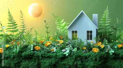 A charming little house nestled amongst vibrant flowers and foliage