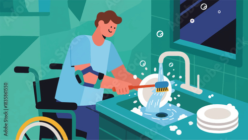 Illustration Of Person With A Neurological Condition, Using Adaptive Tools , Is Washing Dishes At A Lowered Sink Vector Design Template