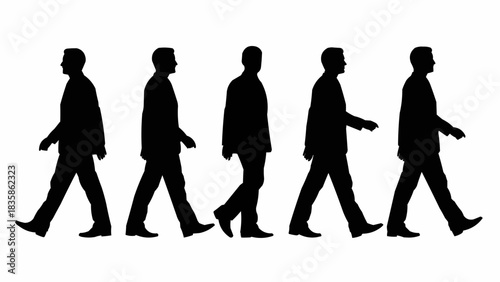 Silhouettes of five men walking in a line from left to right.