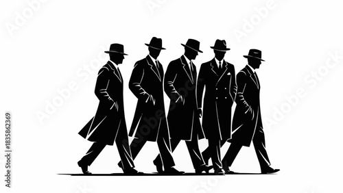Five men in fedora hats and trench coats walking in a line, black and white silhouette.