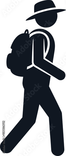Silhouette of a man with backpack and hat isolated on transparent background