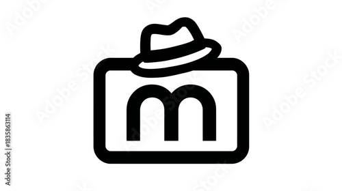 Incognito mode icon with letter M and hat, representing privacy, anonymity, secret, mystery, and hidden concepts.