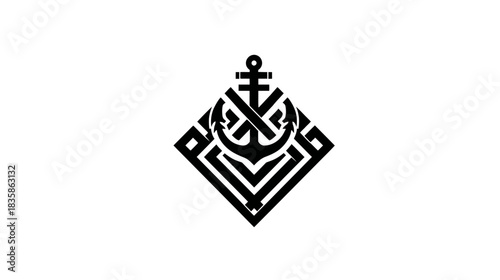 Abstract black and white graphic illustration featuring a classic anchor integrated with intricate geometric Arabic calligraphy.