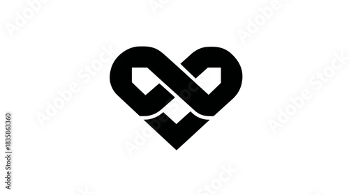 Black heart shaped infinity symbol for eternal love and connection. Modern abstract graphic design element on white background.