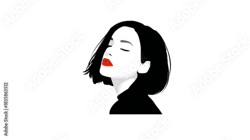 Stylish illustration of a serene woman with closed eyes, short dark hair, and vibrant red lips