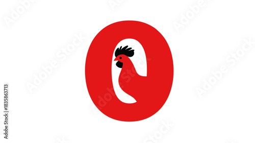 Minimalist red rooster head graphic icon in a circle. Simple poultry animal illustration or logo design element.
