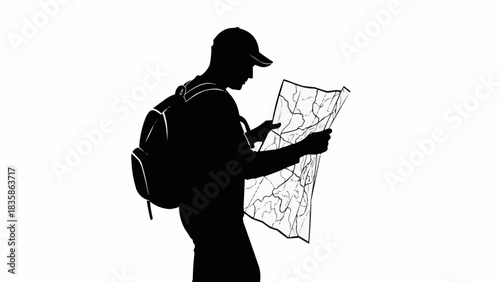 Silhouette of a male hiker with a backpack studying a map.