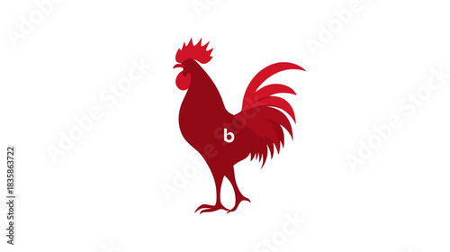 Vibrant red rooster illustration standing proudly, a stylized farm bird graphic with comb and wattle on a clean white background