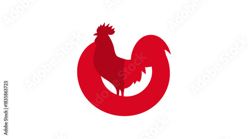Modern stylized red rooster icon within a dynamic circular shape, clean graphic design on white background, farm animal symbol illustration.