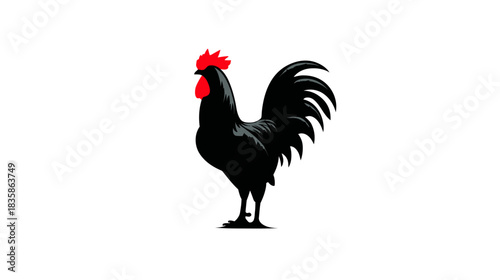 Vibrant black rooster vector illustration with striking red comb and wattle, poultry farm animal graphic.