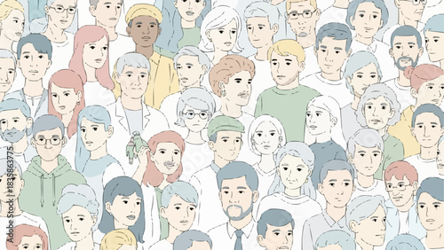 Diverse group of people smiling and looking at the camera in a crowd.