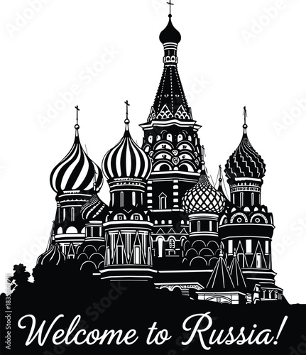 Black and White Silhouette Vector Illustration of Saint Basil's Cathedral, Iconic Moscow Landmark with "Welcome to Russia!" Text, Famous Historical Architectural Building for Travel Design