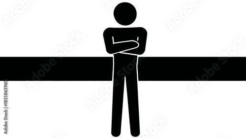Black stick figure with crossed arms icon, symbolizing confidence, authority, contemplation, or a waiting posture on a monochrome background.