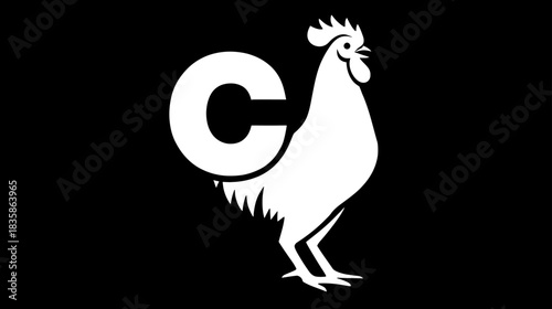 Stylized white rooster and capital letter C icon on a black background, a minimalist monochrome graphic illustration.