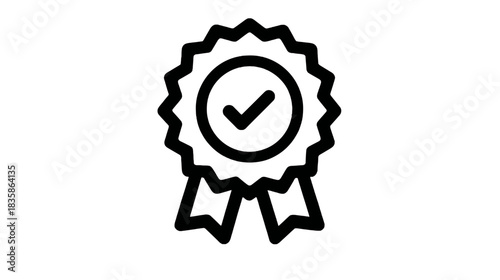 Quality guarantee badge icon with checkmark. Approved certificate symbol, premium endorsement, success verification, trusted award ribbon.