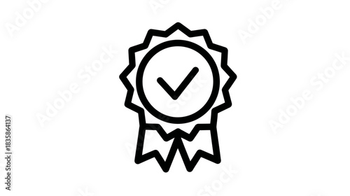 Black and white line icon of a quality guarantee seal with a checkmark. Approval badge, certified symbol, success award graphic element.