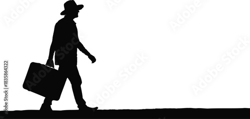 Silhouette of man walking with suitcase at sunset isolated on transparent background