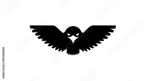 Striking black silhouette of a stylized flying bird with spread wings and fierce eyes, a powerful graphic design element