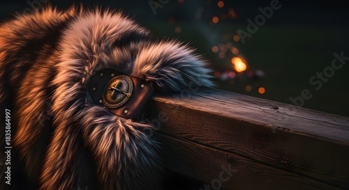 Traditional fur cloak with metal clasp on wooden beam, blurred fire light background for Up Helly Aa festival concept and Norse heritage.
