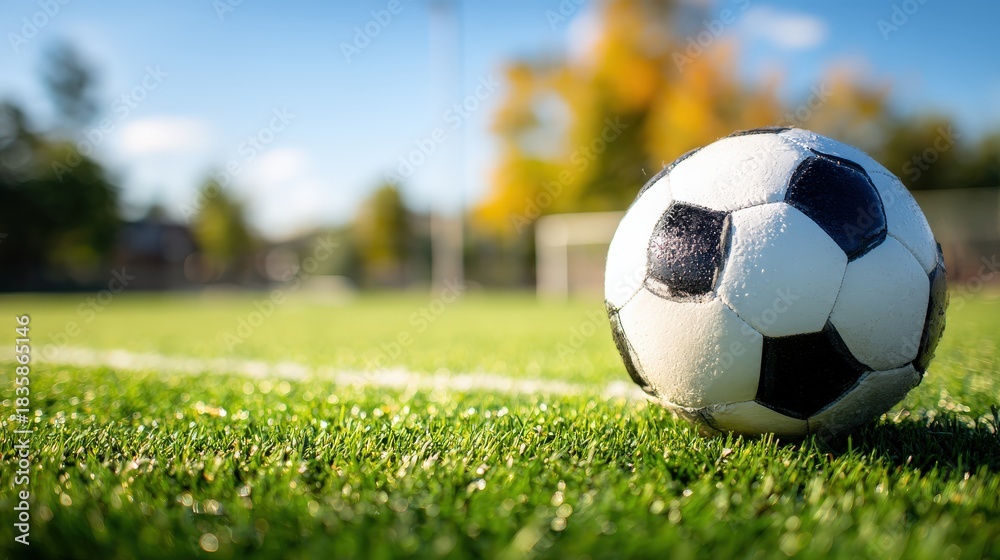Fototapeta premium Traditional black and white sphere rests upon lush green playing surface outdoors
