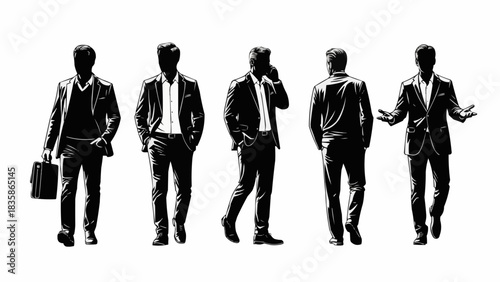 Silhouette of Men in Suits - Business Professionals in Various Poses.