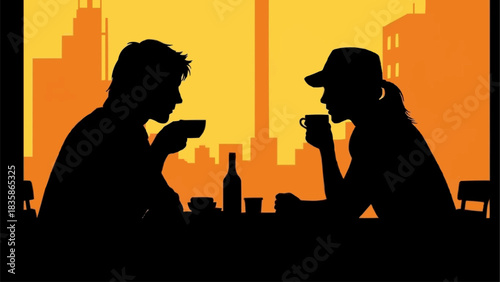 Couple enjoying coffee at a cafe with city view silhouette.
