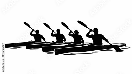 Four kayakers paddling in unison across the water, teamwork and competition.