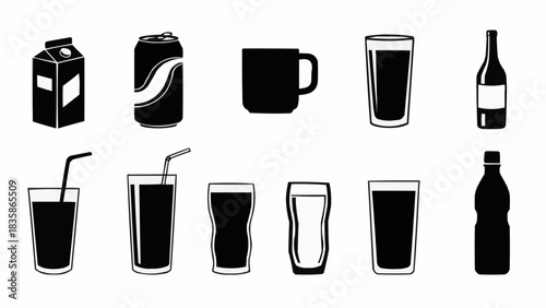 Collection of Various Beverage Containers and Glasses Silhouette.